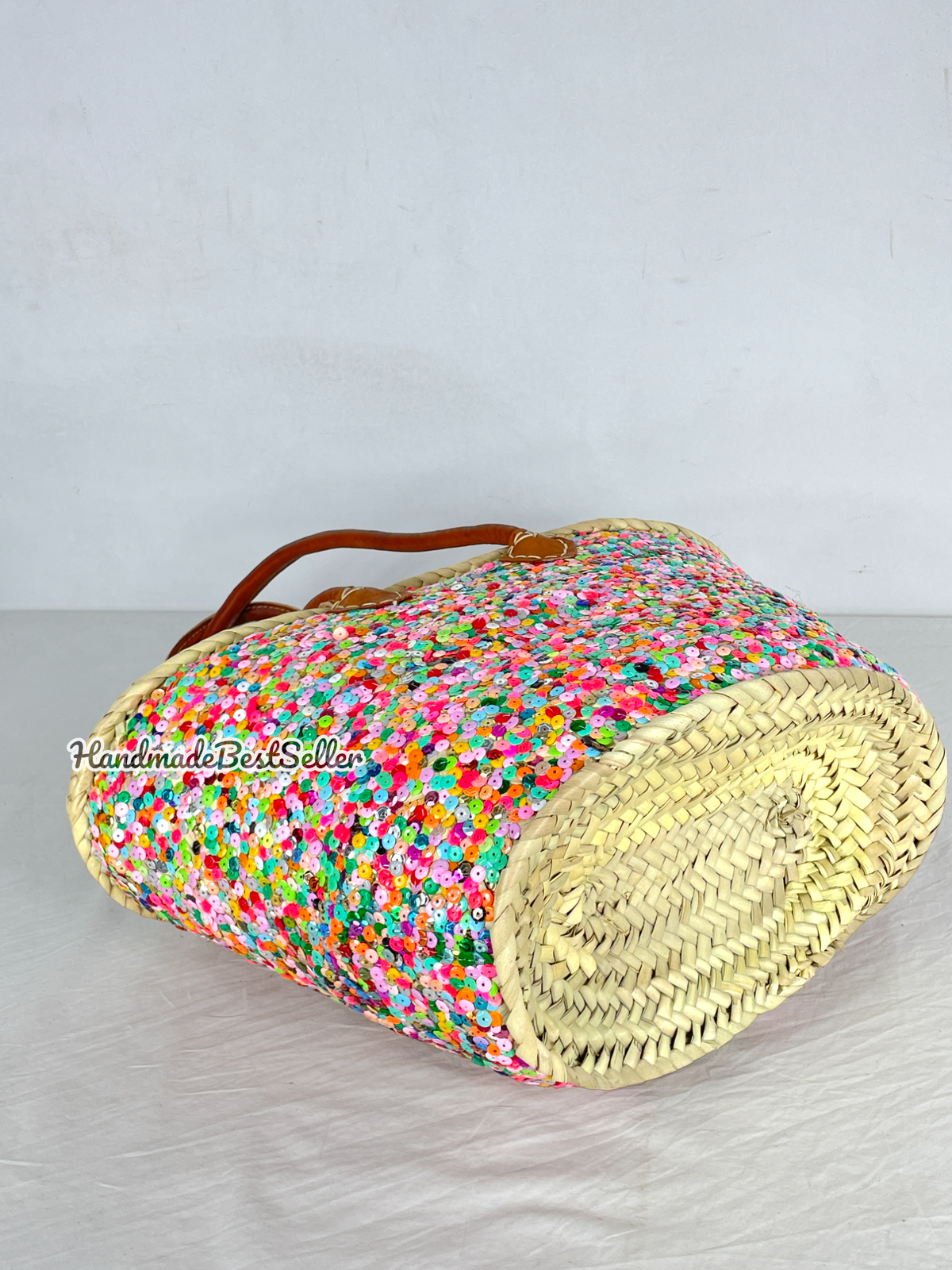 Straw bag Sequins multicolor, french market basket