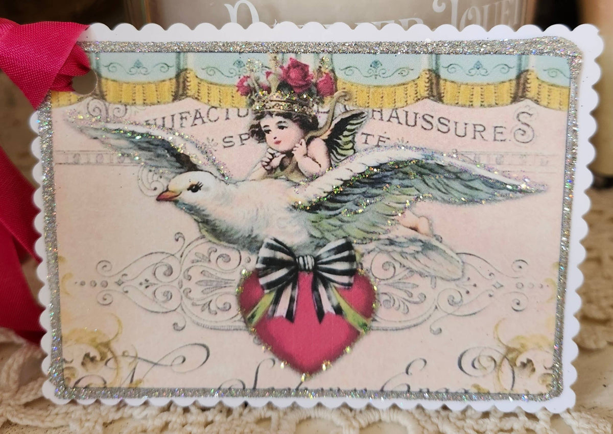 Gift Tag Cherub Dove &amp; Heart