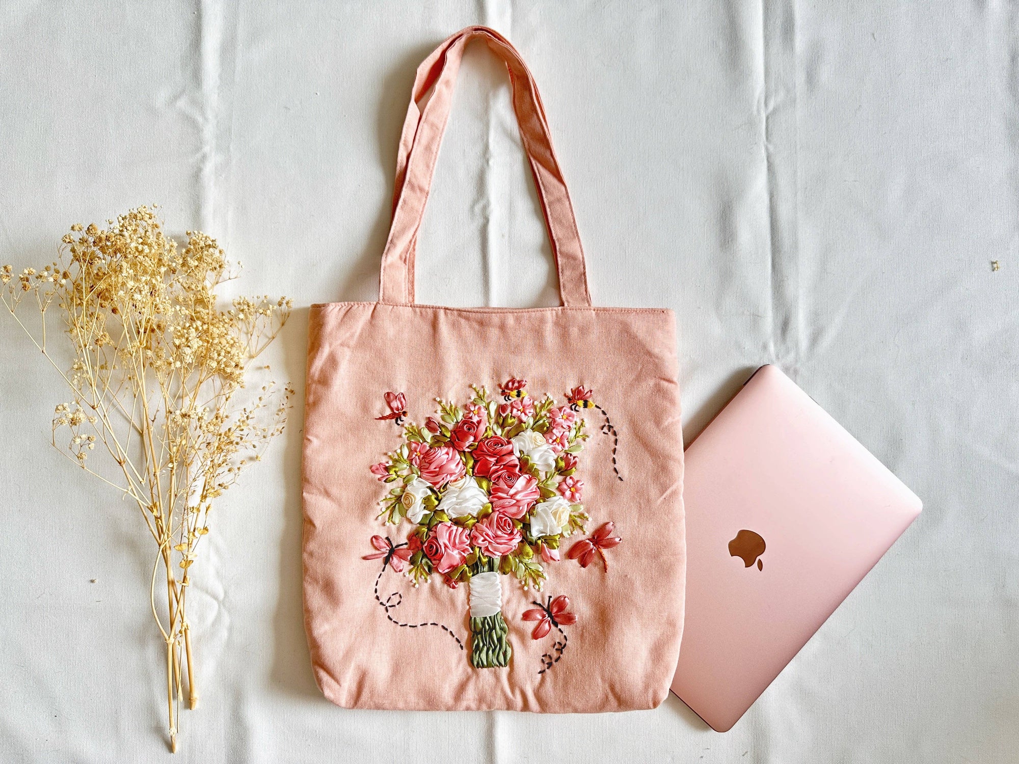 Pink Flower Bouquet Ribbon Linen Tote