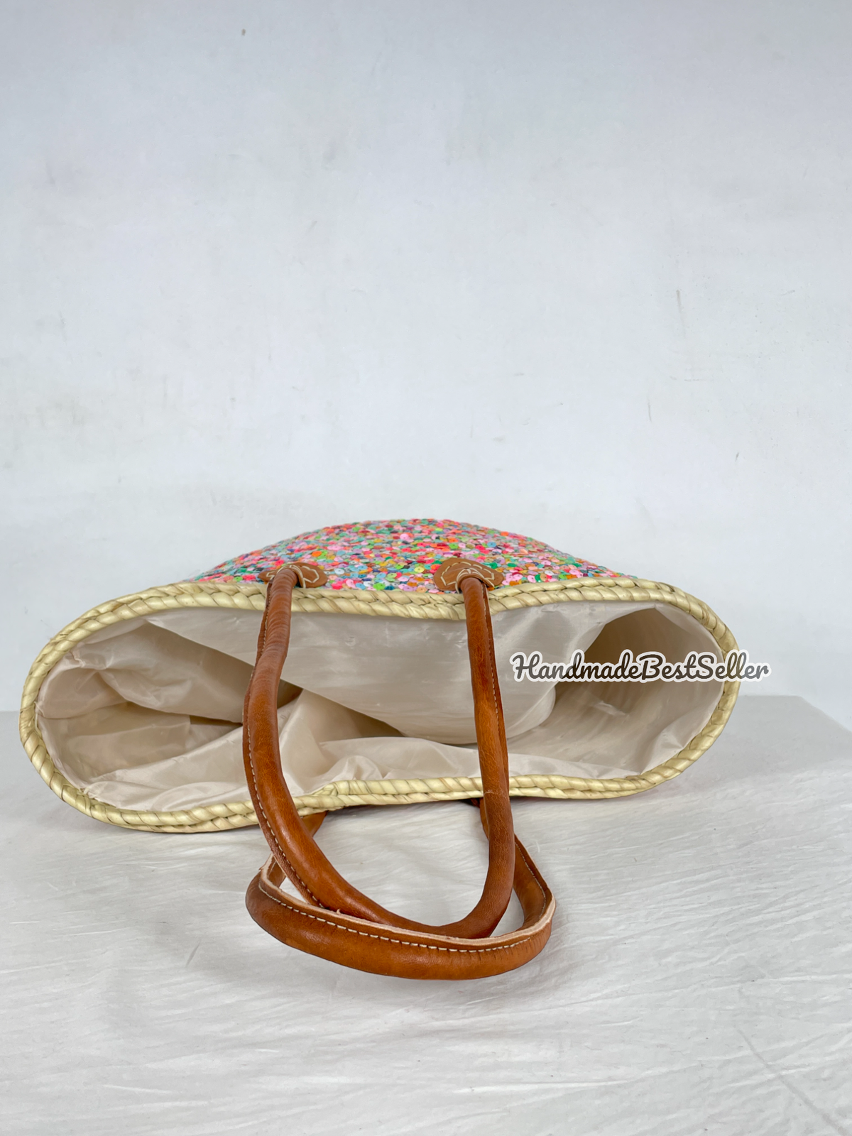 Straw bag Sequins multicolor, french market basket