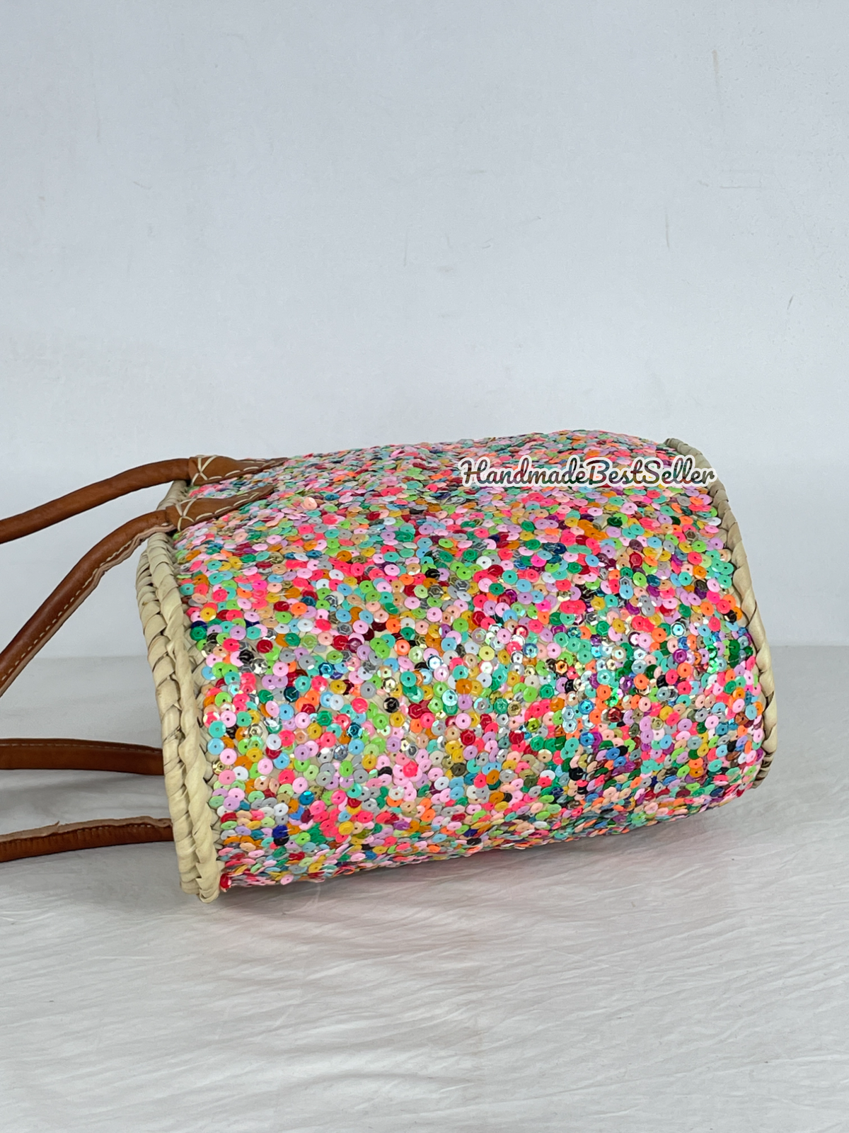 Straw bag Sequins multicolor, french market basket