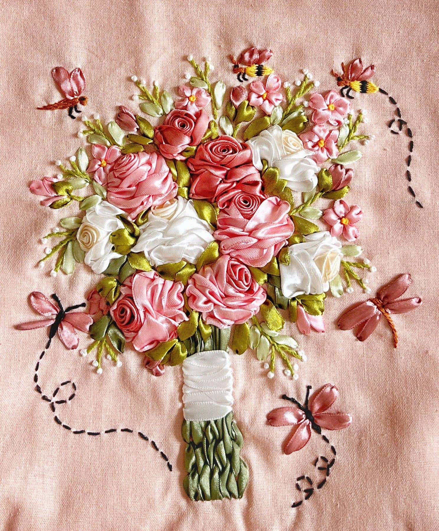 Pink Flower Bouquet Ribbon Linen Tote