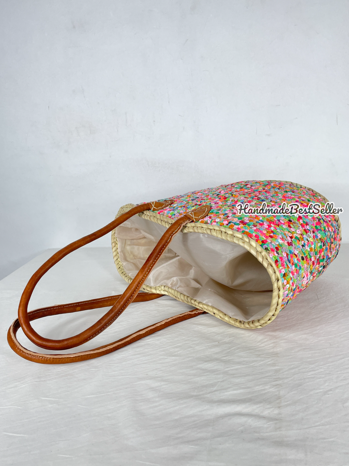 Straw bag Sequins multicolor, french market basket