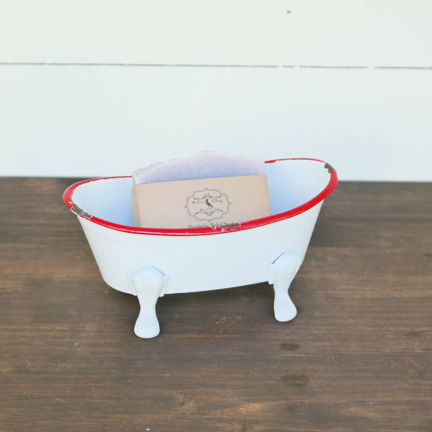Mini Enamel Bathtub Soap Dish, Red Rim + Marseille Soap GIFT WRAPPED