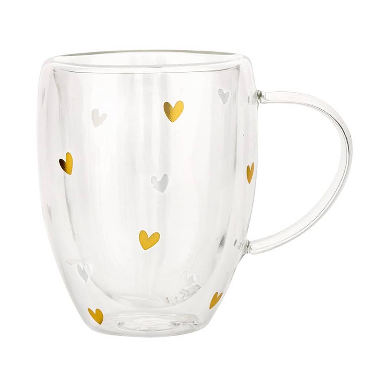 Double-Wall Tea Cup with Handle - Gold Foil Hearts