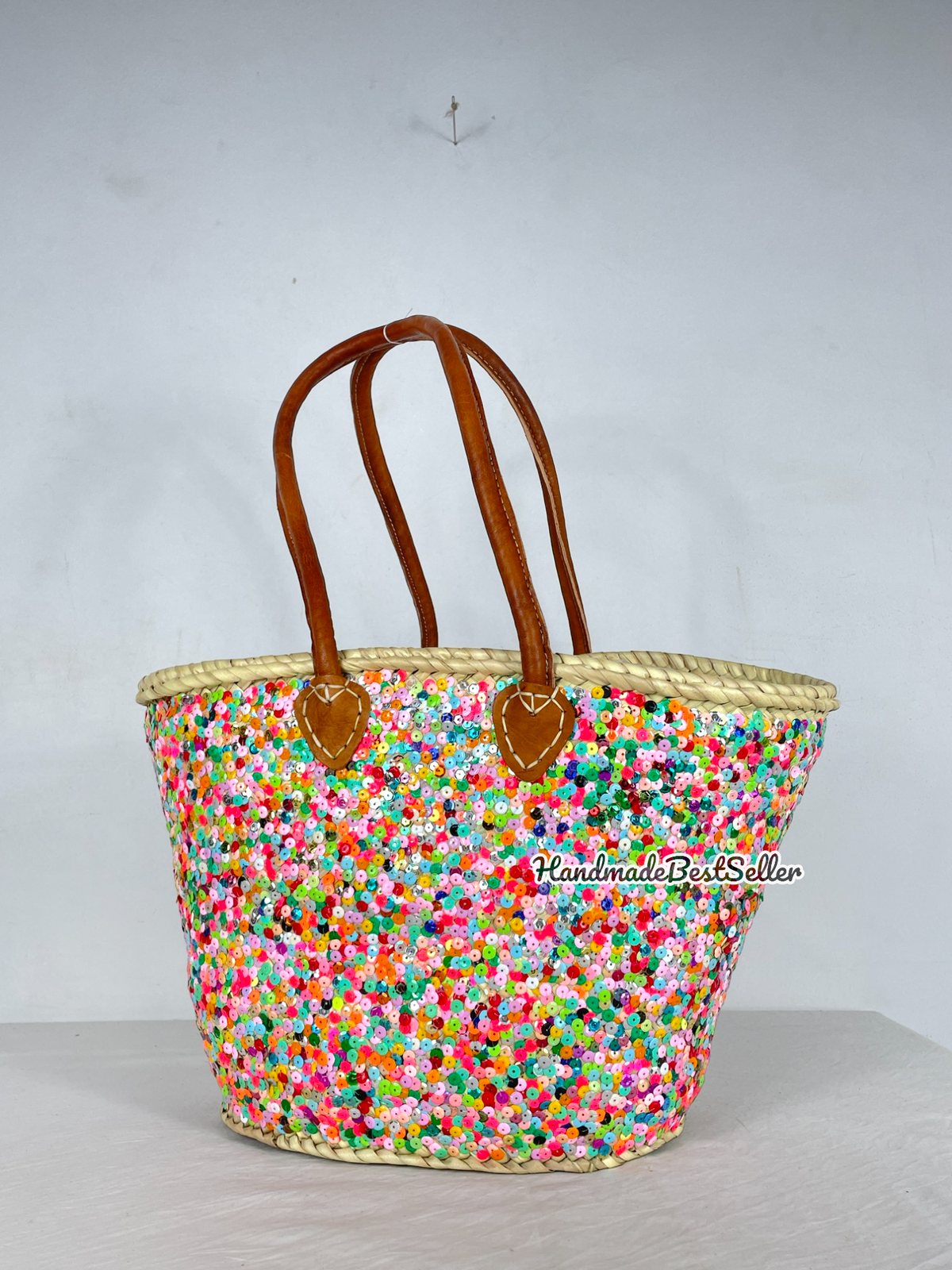 Straw bag Sequins multicolor, french market basket