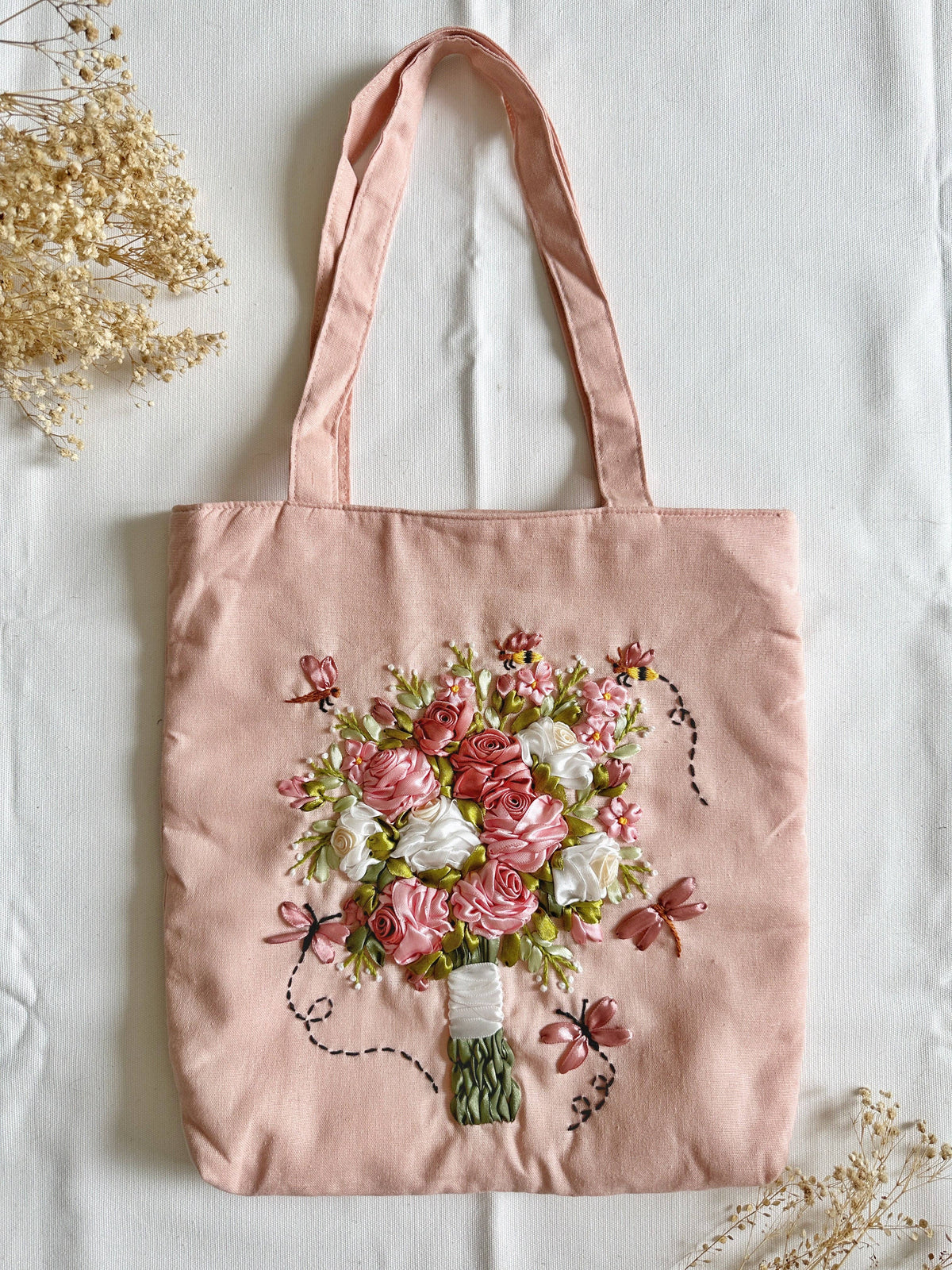 Pink Flower Bouquet Ribbon Linen Tote